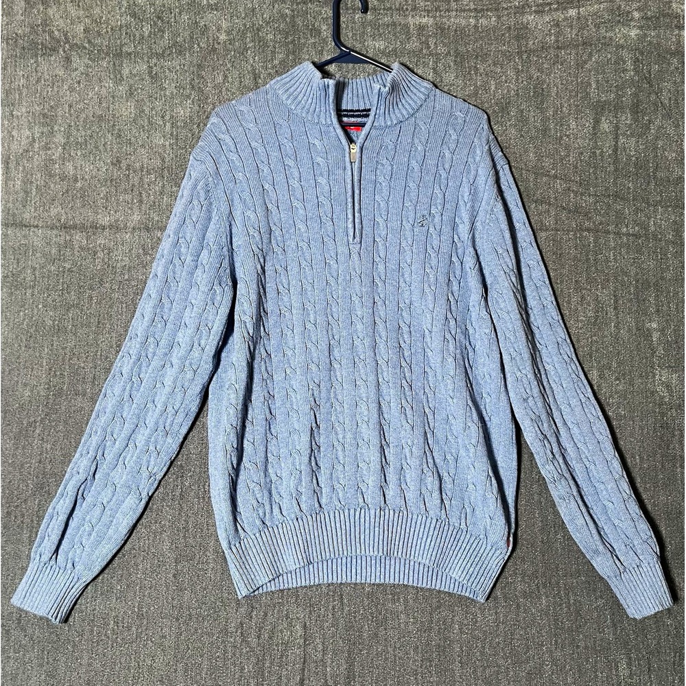 IZOD Men's L Blue Cable Knit 1/4 Zip Mock Neck Pullover Cotton Sweater